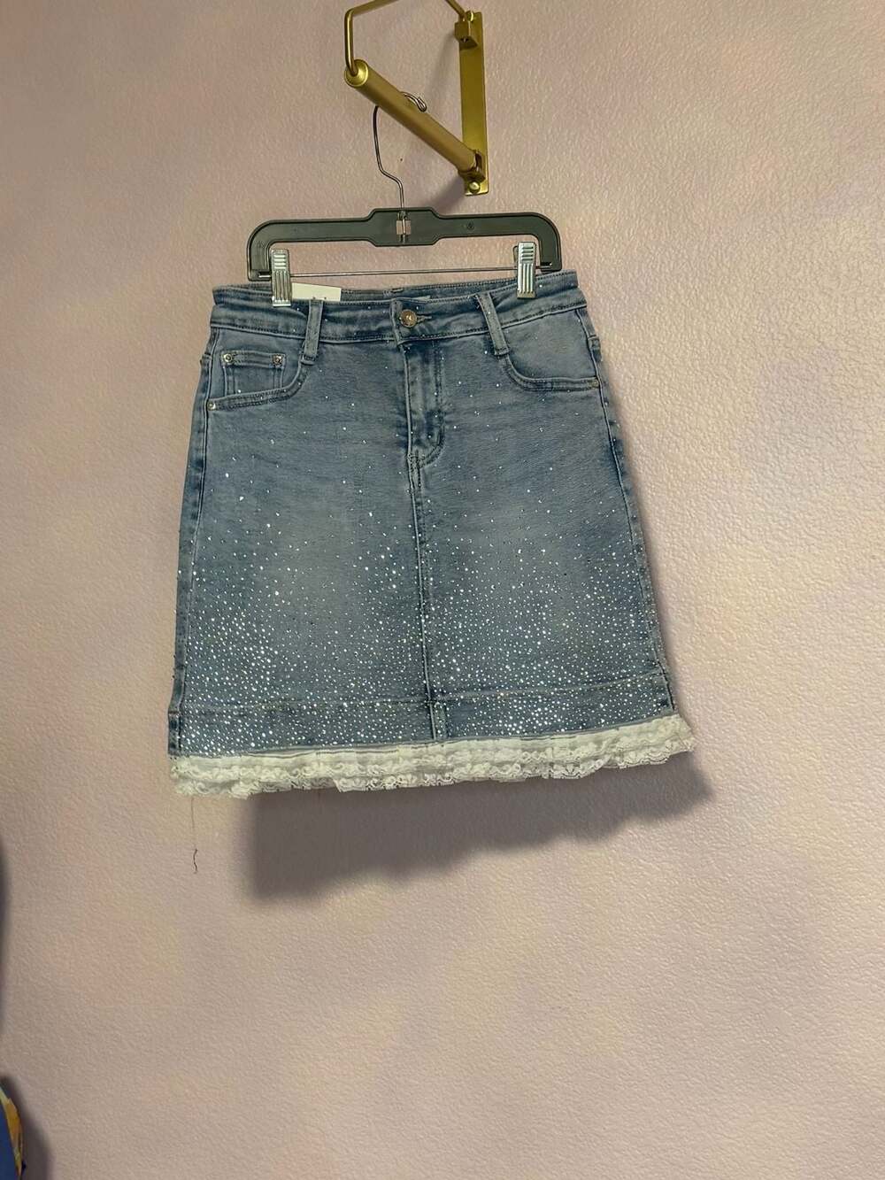 Nina Rossi Jeans Rhinestone Denim Skirt Size M Blue Lace Trim